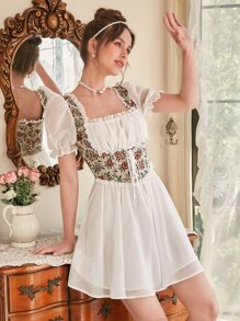 SHEIN MOD 花卉圖案提花方領蕾絲邊泡泡袖連衣裙 - 白色 - 查看 3