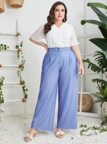 Mulvari Plus Striped Print Wide Leg Suit Trousers - Blue - View 3