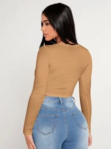 SHEIN PETITE Square Neck Asymmetrical Hem Tee - Camel - View 2