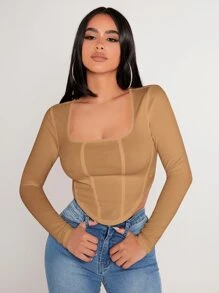 SHEIN PETITE Square Neck Asymmetrical Hem Tee - Camel - View 3