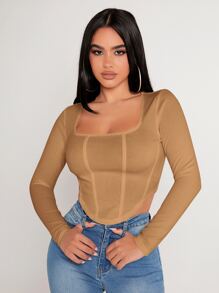 SHEIN PETITE Square Neck Asymmetrical Hem Tee - Camel - View 5