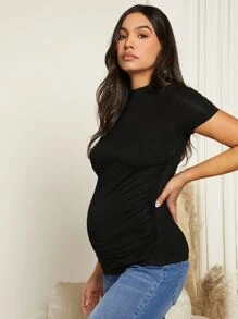 SHEIN Maternity Mock Neck Ruched Tee - Black - View 4