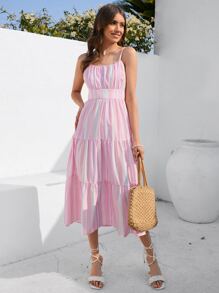 Aveloria Vestido de tirantes de rayas bajo con fruncido - Multicolor - Ver 4