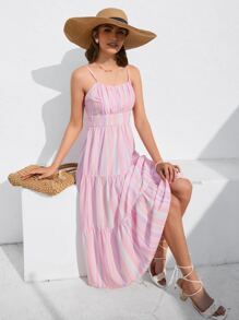 Aveloria Vestido de tirantes de rayas bajo con fruncido - Multicolor - Ver 5