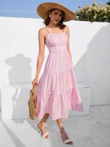 Aveloria Vestido de tirantes de rayas bajo con fruncido - Multicolor - Ver 6