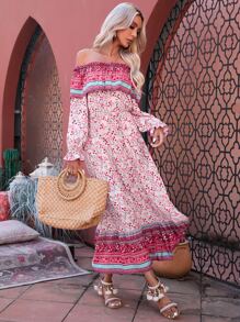 SHEIN VCAY Ditsy Floral Print Off Shoulder Dress - Multicolor - View 3