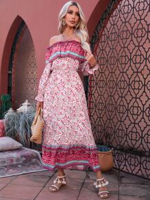 SHEIN VCAY Ditsy Floral Print Off Shoulder Dress - Multicolor - View 4