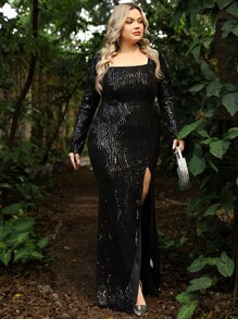 大碼方領高衩亮片正式連衣裙 - 黑色 - 查看 3