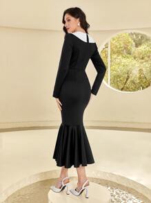 Modelyn Contrast Collar Button Front Mermaid Hem Dress - Black - View 4