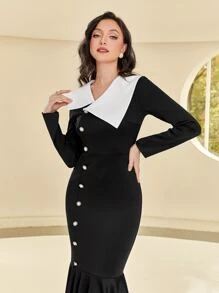 Modelyn Contrast Collar Button Front Mermaid Hem Dress - Black - View 5
