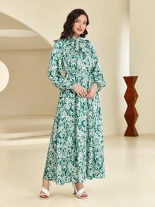 Modelyn Allover Print Tie Neck Dress - Multicolor - View 1