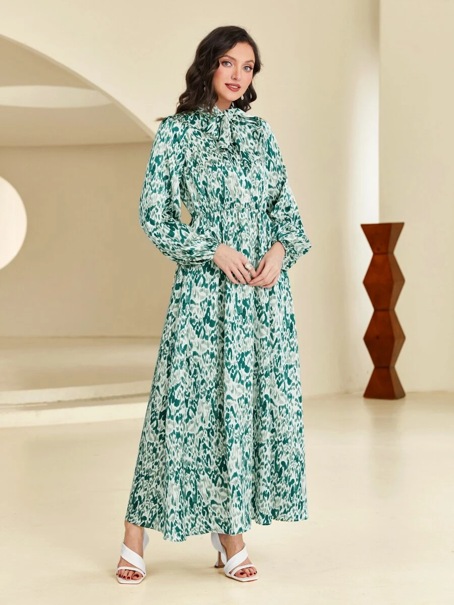 Modelyn Allover Print Tie Neck Dress - Multicolor - View 1