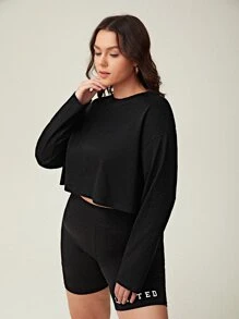 SHEIN BASICS Plus  Drop Shoulder Crop Tee - Black - View 4