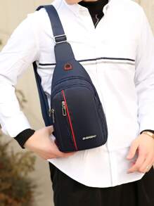 Mini Men Letter Patch Decor Headphone Port Detail Sling Bag Chest Bag - Navy Blue - View 4