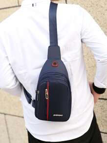 Mini Men Letter Patch Decor Headphone Port Detail Sling Bag Chest Bag - Navy Blue - View 5