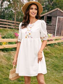 SHEIN VCAY Floral Embroidery Puff Sleeve Dress - White - View 6