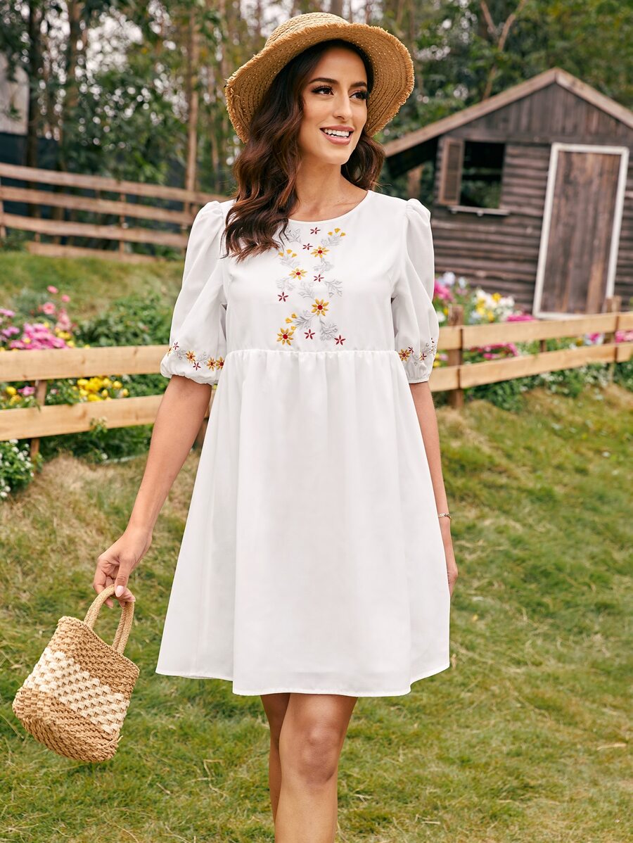 SHEIN VCAY Floral Embroidery Puff Sleeve Dress - White - View 1