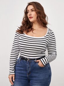 SHEIN BASICS Plus Striped Scoop Neck Tee - Black and White - View 1
