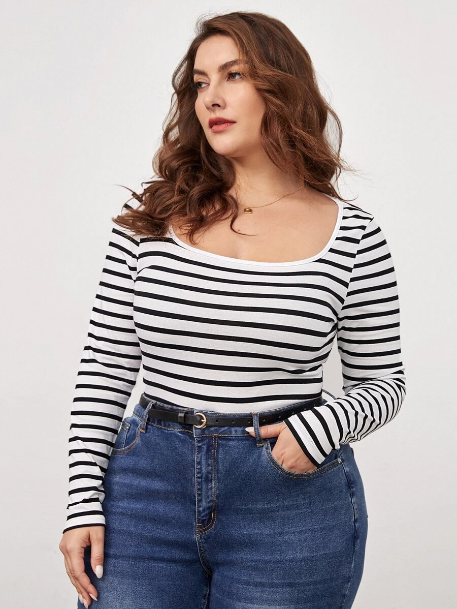 SHEIN BASICS Plus Striped Scoop Neck Tee - Black and White - View 1