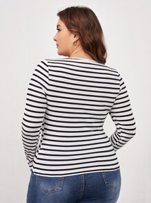 SHEIN BASICS Plus Striped Scoop Neck Tee - Black and White - View 2