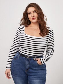 SHEIN BASICS Plus Striped Scoop Neck Tee - Black and White - View 3