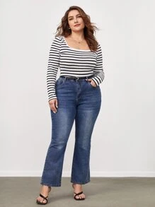 SHEIN BASICS Plus Striped Scoop Neck Tee - Black and White - View 4