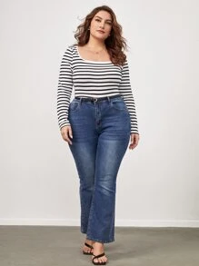 SHEIN BASICS Plus Striped Scoop Neck Tee - Black and White - View 5