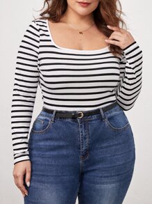 SHEIN BASICS Plus Striped Scoop Neck Tee - Black and White - View 6
