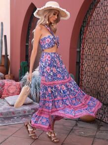 SHEIN VCAY 2pcs/Set Floral Print Halter Backless Cropped Top And Long Skirt, Vacation Casual - Multicolor - View 4