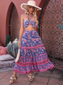 SHEIN VCAY 2pcs/Set Floral Print Halter Backless Cropped Top And Long Skirt, Vacation Casual - Multicolor - View 5