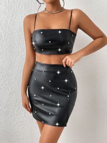 SHEIN BAE Rhinestone Crop Cami Top & Split Hem Skirt - Black - View 6