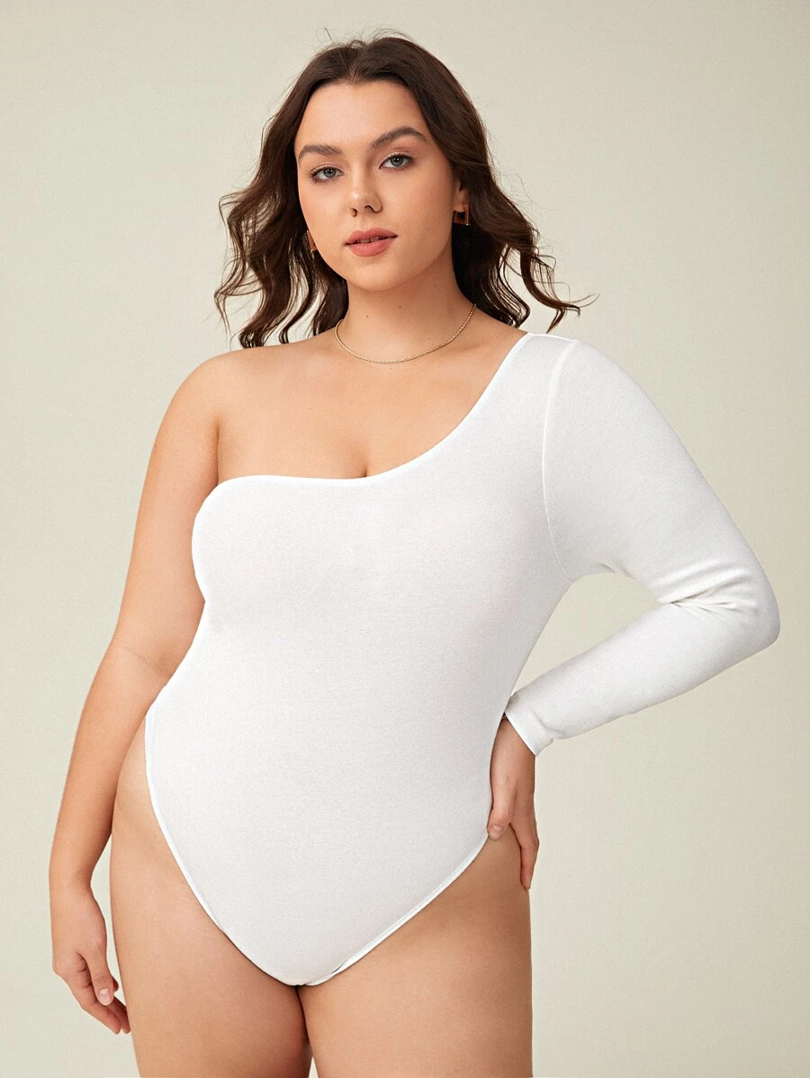SHEIN BASICS Plus One Shoulder Solid Bodysuit - White - View 1