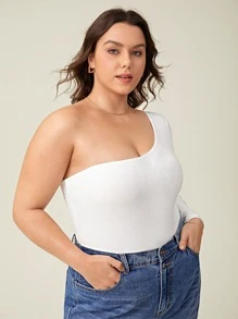 SHEIN BASICS Plus One Shoulder Solid Bodysuit - White - View 3