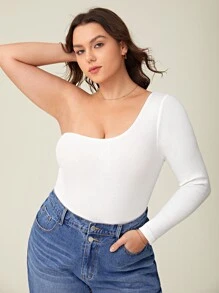 SHEIN BASICS Plus One Shoulder Solid Bodysuit - White - View 4