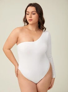 SHEIN BASICS Plus One Shoulder Solid Bodysuit - White - View 6