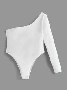 SHEIN BASICS Plus One Shoulder Solid Bodysuit - White - View 7