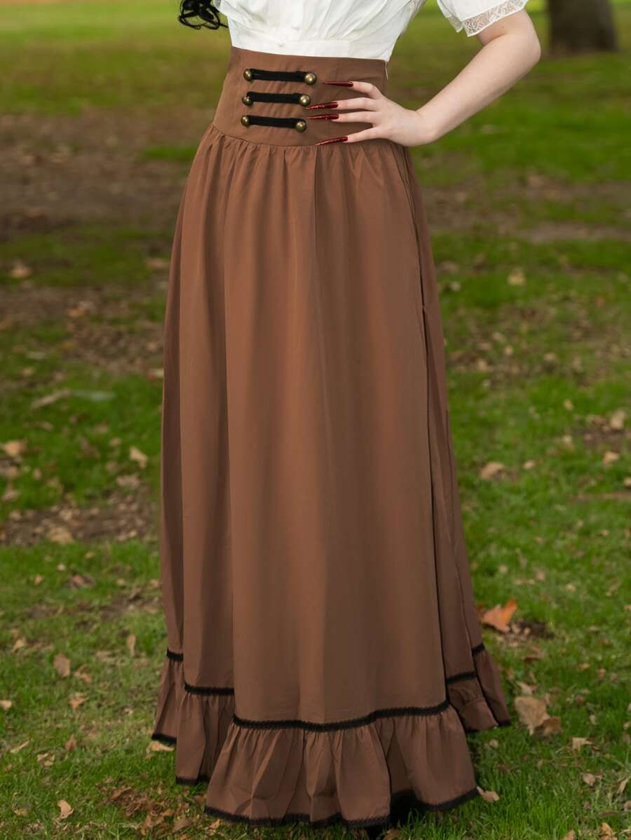 Scarlet Darkness 雙排釦荷葉邊半身裙 - 摩卡棕 - 查看 1