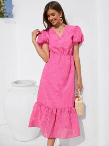 SHEIN VCAY Vestido línea A de manga farol bajo con fruncido - Rosa Fucsia - Ver 1