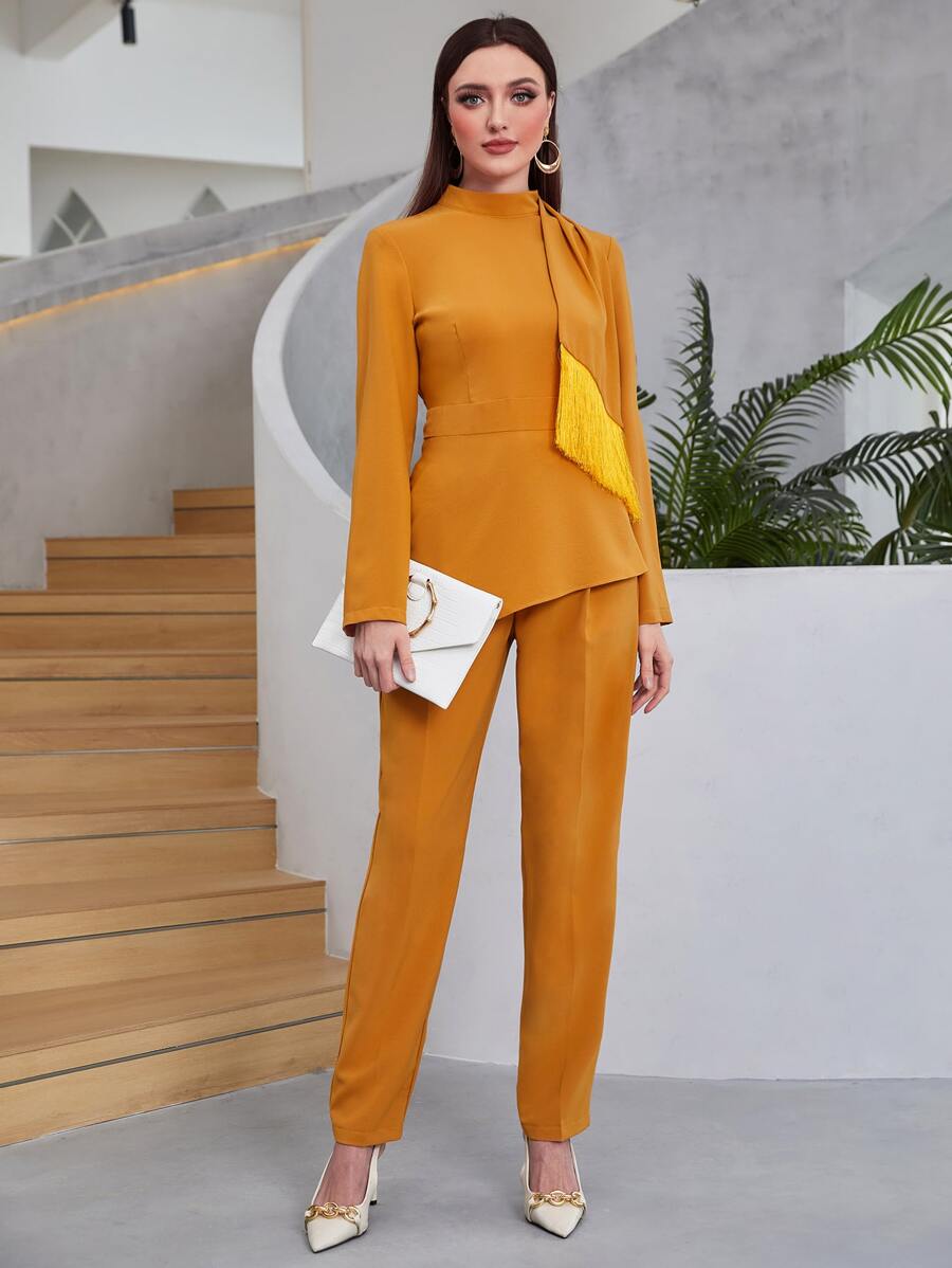 Modelyn Mock Neck Tassel Trim Asymmetrical Hem Top & Trousers Set - Mustard Yellow - View 1