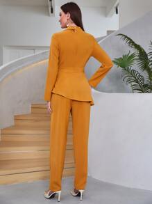 Modelyn Mock Neck Tassel Trim Asymmetrical Hem Top & Trousers Set - Mustard Yellow - View 2