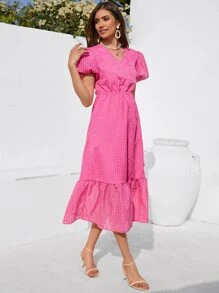 SHEIN VCAY Vestido línea A de manga farol bajo con fruncido - Rosa Fucsia - Ver 3