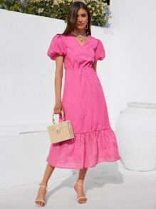 SHEIN VCAY Vestido línea A de manga farol bajo con fruncido - Rosa Fucsia - Ver 4