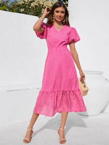 SHEIN VCAY Vestido línea A de manga farol bajo con fruncido - Rosa Fucsia - Ver 5
