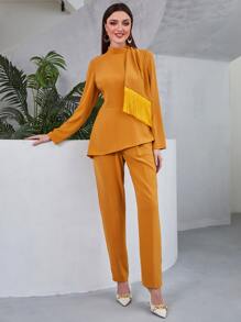 Modelyn Mock Neck Tassel Trim Asymmetrical Hem Top & Trousers Set - Mustard Yellow - View 6