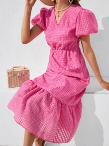 SHEIN VCAY Vestido línea A de manga farol bajo con fruncido - Rosa Fucsia - Ver 6