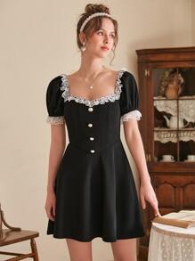 SHEIN MOD Contrast Lace Button Front Puff Sleeve Dress - Black - View 8