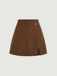 SHEIN MOD 前紐扣開衩短裙 - 巧克力棕 - 查看 1