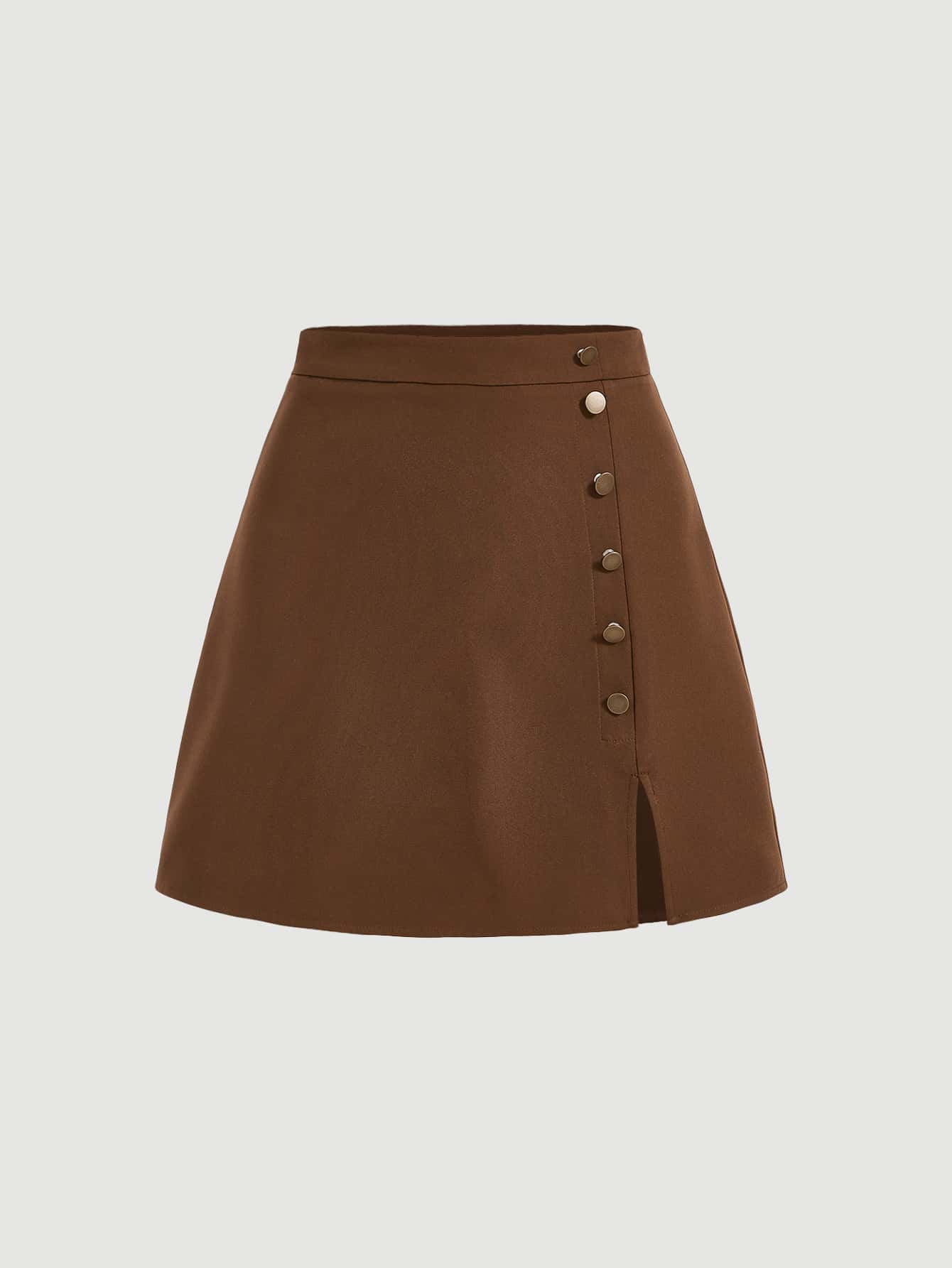 SHEIN MOD 前紐扣開衩短裙 - 巧克力棕 - 查看 1