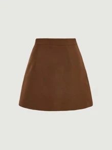 SHEIN MOD 前紐扣開衩短裙 - 巧克力棕 - 查看 2