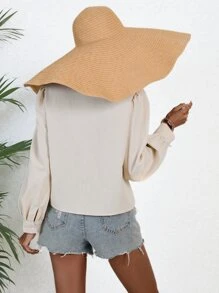 SHEIN VCAY Solid Button Front Puff Sleeve Shirt - Khaki - View 2